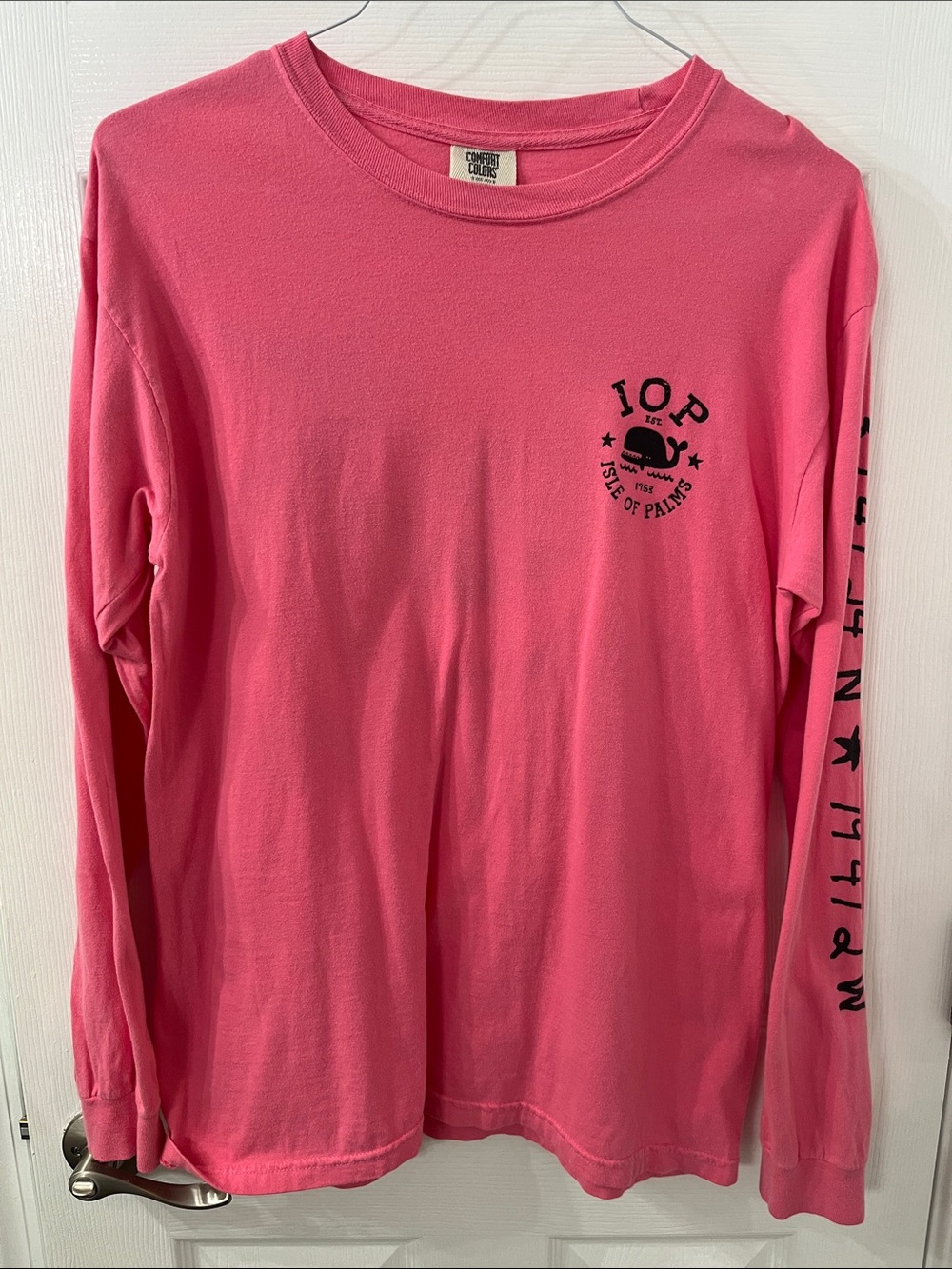 Adult size Medium Isle of Palms Bright Pink Long-Sleeve Tee with Chest Logo